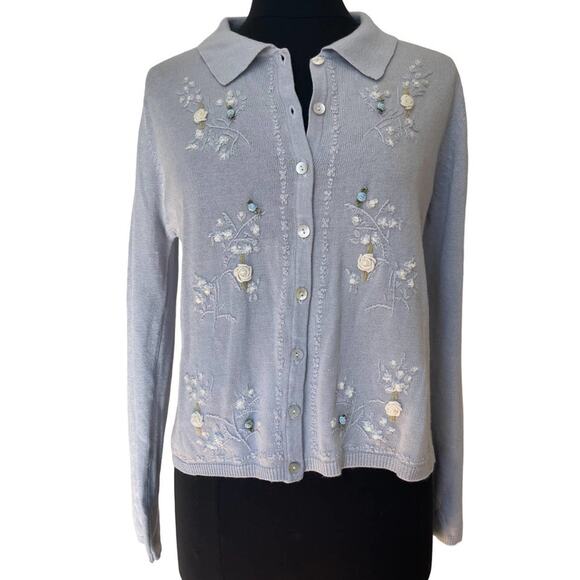 stephanie andrews Tops - Vintage Stephanie Andrews Blue White Embroidered Cottagecore Cardigan Size Large